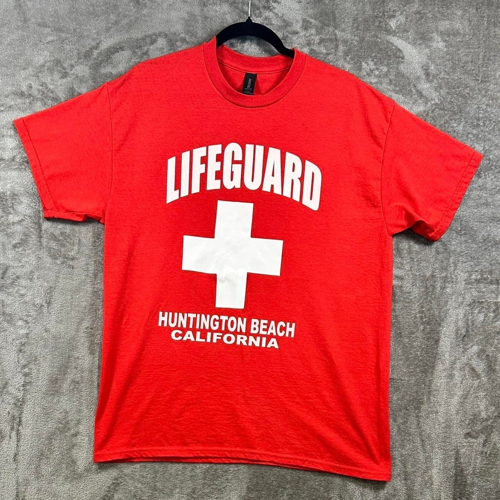 Huntington Beach California Lifeguard T-Shirt‎ Red Graphic Tee Gildan Size L